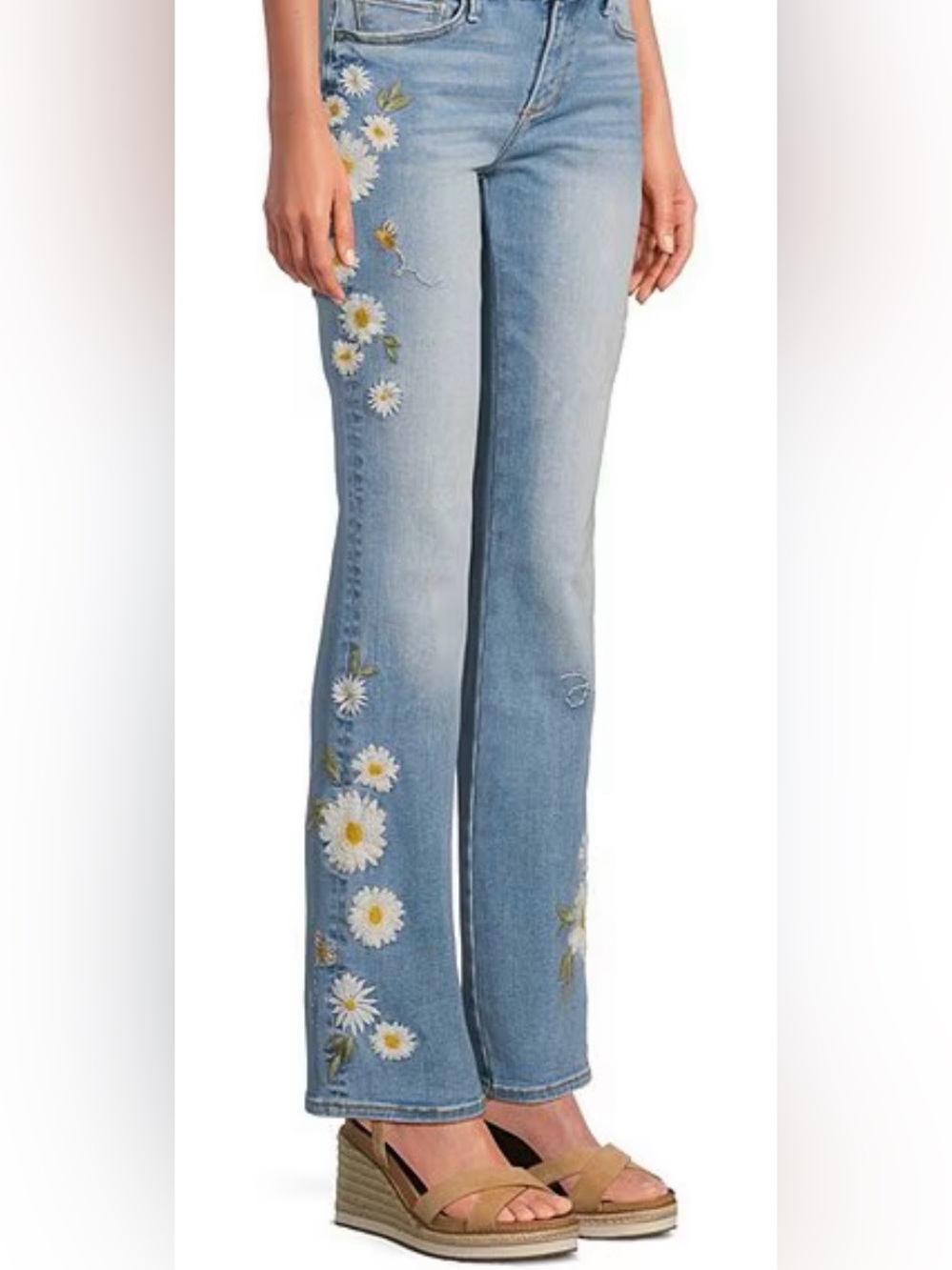 DRIFTWOOD Light Blue Daisy and Bumble Bee Embroidered Boot Cut Jeans